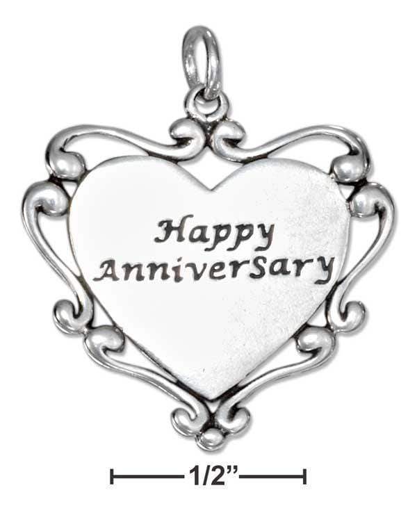 Silver Charms & Pendants STERLING SILVER HAPPY ANNIVERSARY HEART CHARM WITH SCROLL EDGING JadeMoghul