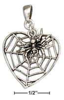 Silver Charms & Pendants Sterling Silver Heart Shape Spider Web Pendant With Spider Dangle JadeMoghul Inc.