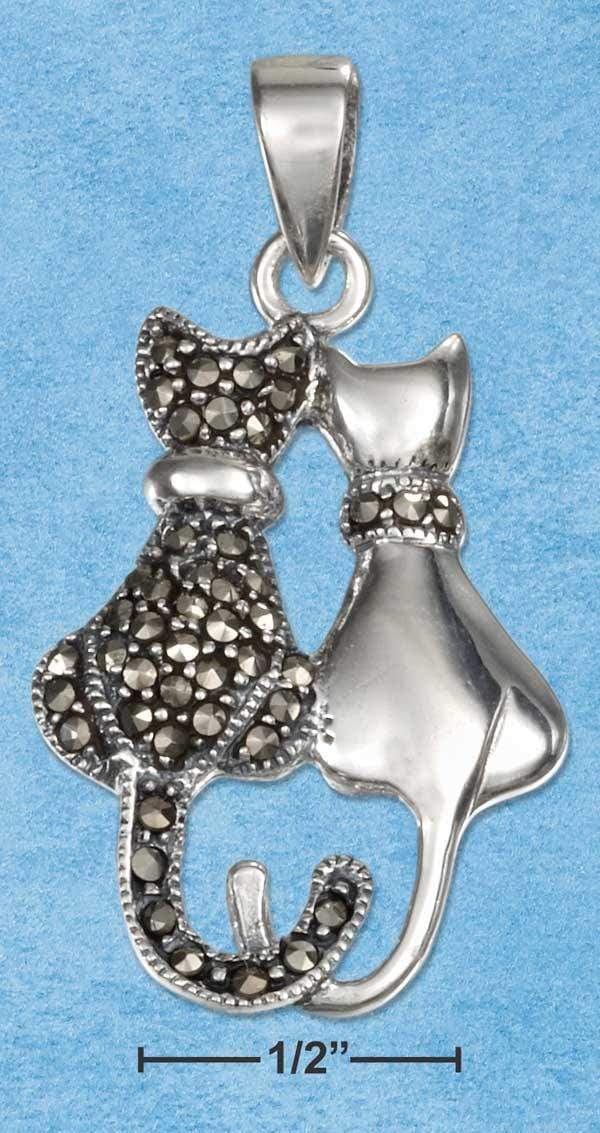 Silver Charms & Pendants Sterling Silver High Polish And Marcasite Sitting Cat Pendant JadeMoghul Inc.