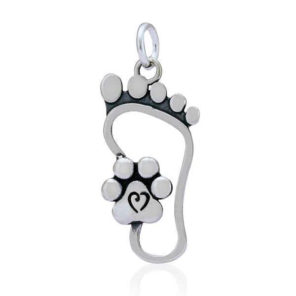 Silver Charms & Pendants Sterling Silver I Will Never Walk Alone Foot Print Paw Print Heart Pendant JadeMoghul Inc.
