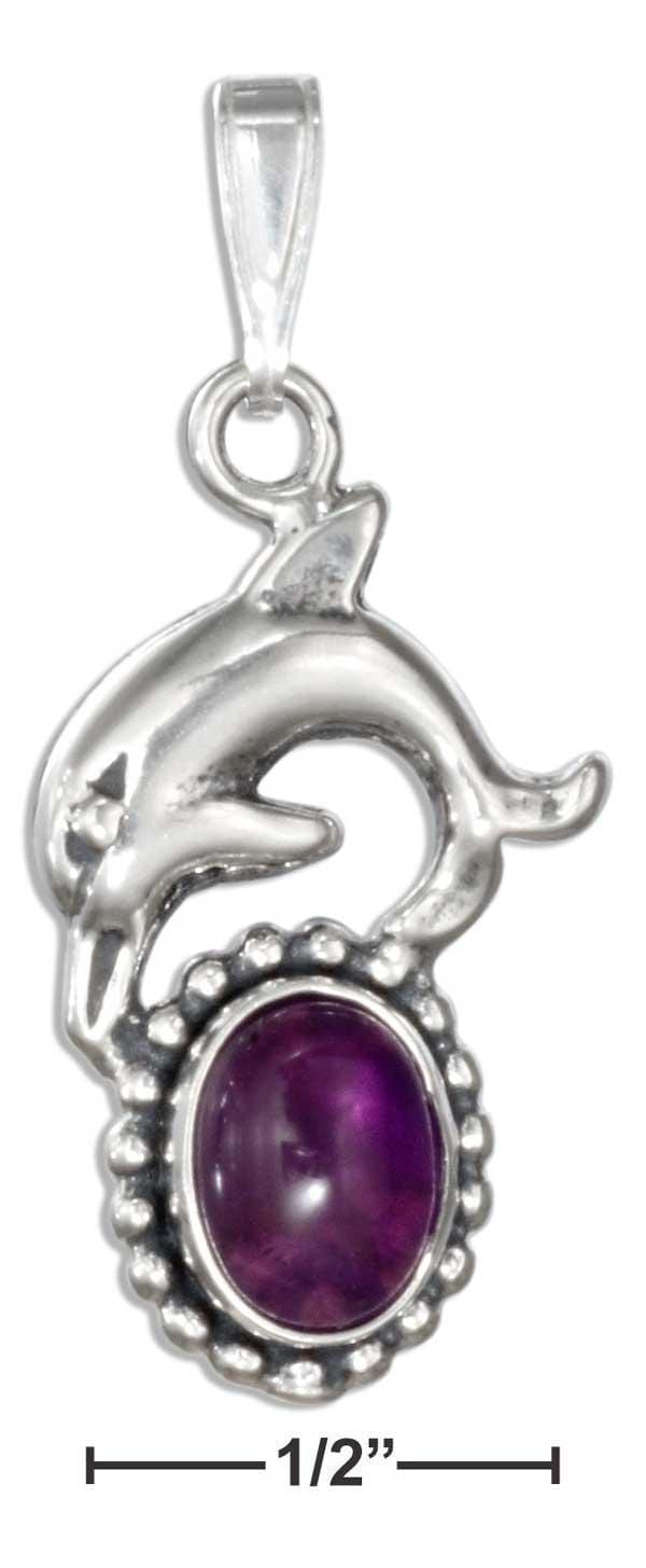 Silver Charms & Pendants Sterling Silver Jumping Dolphin Pendant With Amethyst Cabochon JadeMoghul Inc.