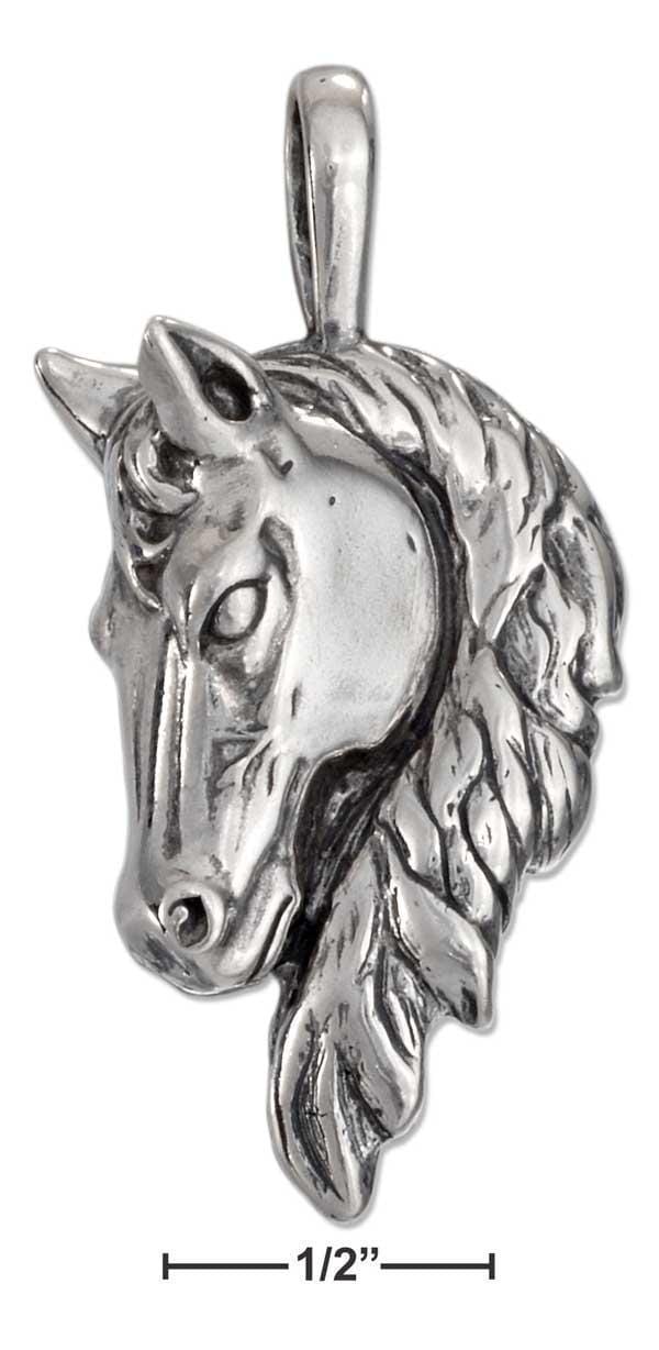 Silver Charms & Pendants Sterling Silver Large Antiqued Horse Head Pendant With Long Mane JadeMoghul Inc.