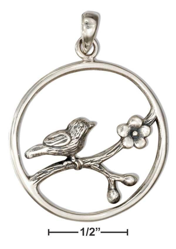 Silver Charms & Pendants Sterling Silver Round Bird Pendant On Flowering Branch JadeMoghul