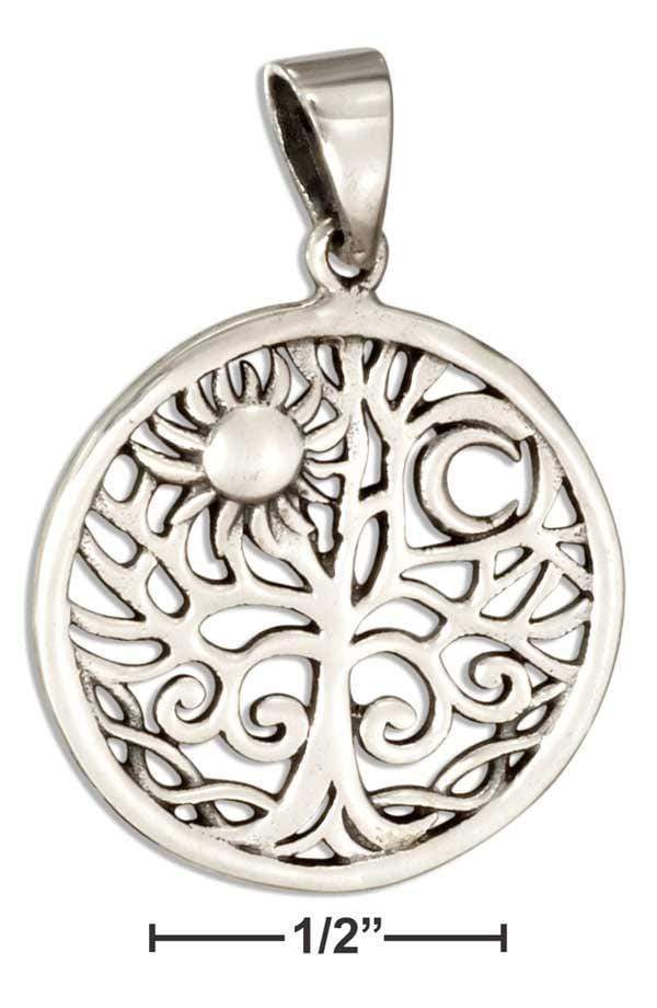 Silver Charms & Pendants Sterling Silver Round Tree Of Life Pendant With Sun And Moon JadeMoghul Inc.