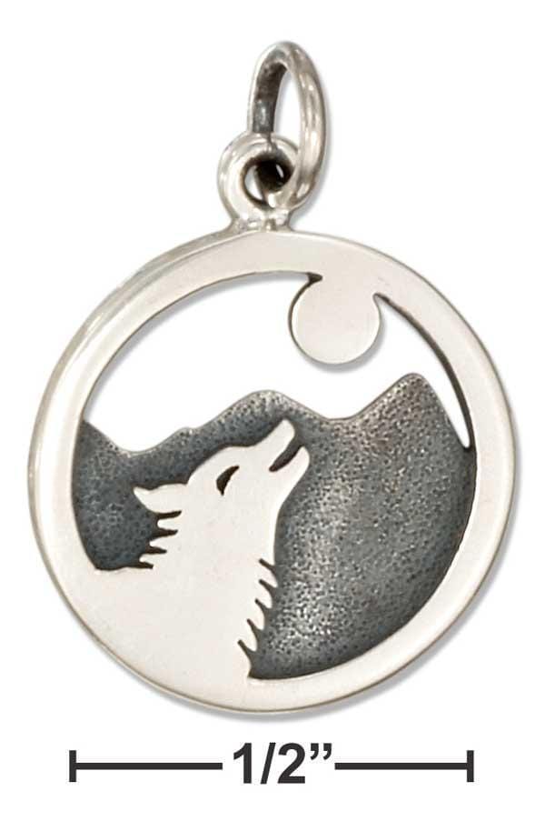 Silver Charms & Pendants Sterling Silver Round Wolf Howling At The Moon Charm JadeMoghul Inc.