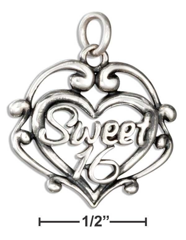 Silver Charms & Pendants STERLING SILVER SCROLLED HEART WITH "SWEET 16" MESSAGE CHARM JadeMoghul