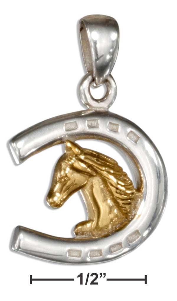 Silver Charms & Pendants Sterling Silver Two-Tone Horseshoe With Horse Head Pendant JadeMoghul Inc.