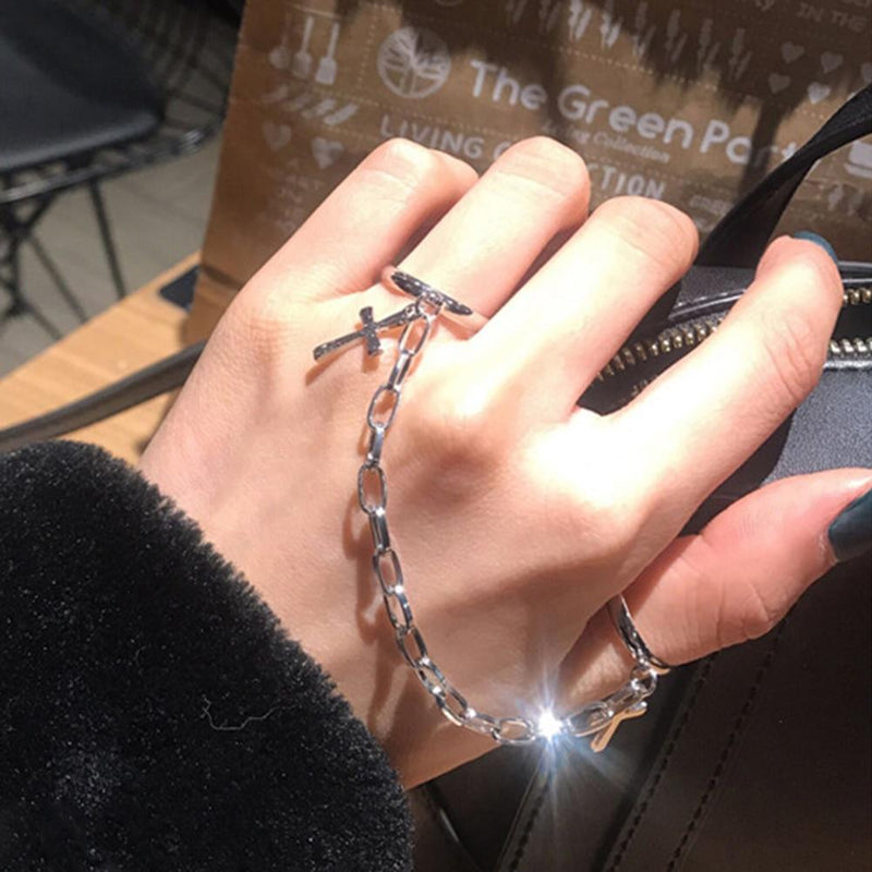 Silver Color Plated Retro Punk Hip-Hop Cross Ring Hand Finger Chain Adjustable Rings Jewelry Gift for Men Women Unisex Ring AExp