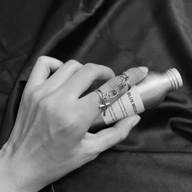 Silver Color Plated Retro Punk Hip-Hop Cross Ring Hand Finger Chain Adjustable Rings Jewelry Gift for Men Women Unisex Ring AExp