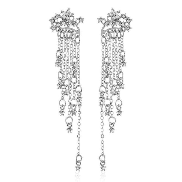 Silver Earrings Shiny Rhinestone Decor Star Design Women Alloy Tassel Earrings TIY