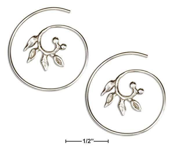 Silver Earrings Sterling Silver 24MM Wire Spiral Threader Hoop Earrings With Leaves JadeMoghul Inc.