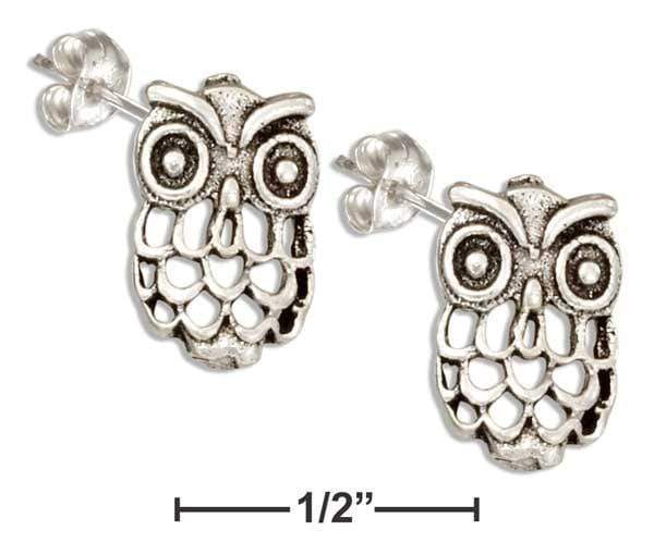 Silver Earrings Sterling Silver Antiqued Owl Post Earrings With Open Weave Feathers JadeMoghul Inc.