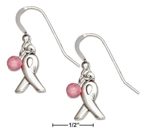 Silver Earrings Sterling Silver Breast Cancer Awareness Ribbon Dangle Earrings Pink Riverstone Bead JadeMoghul Inc.