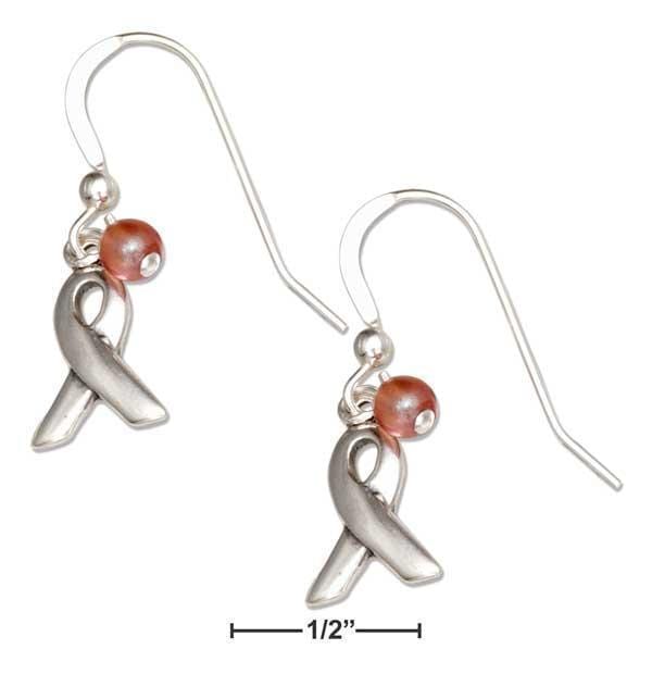 Silver Earrings Sterling Silver Breast Cancer Awareness Ribbon Dangle Earrings With Pink Glass Bead JadeMoghul Inc.