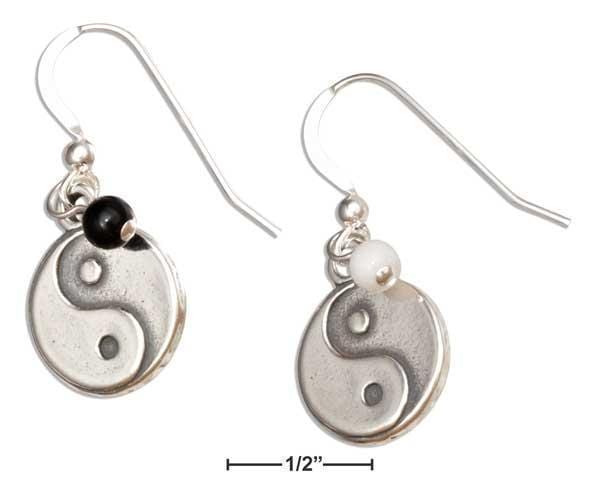 Silver Earrings Sterling Silver Chinese Symbol Yin Yang Dangle Earrings With Onyx And Marble Beads JadeMoghul Inc.