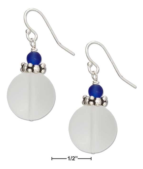 Silver Earrings Sterling Silver Clear White Round Sea Glass Earrings With Cobalt Ocean Blue Bead JadeMoghul