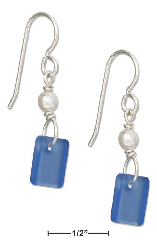 Silver Earrings Sterling Silver Cornflower Blue Rectangle Sea Glass Earrings With Faux Pearl JadeMoghul