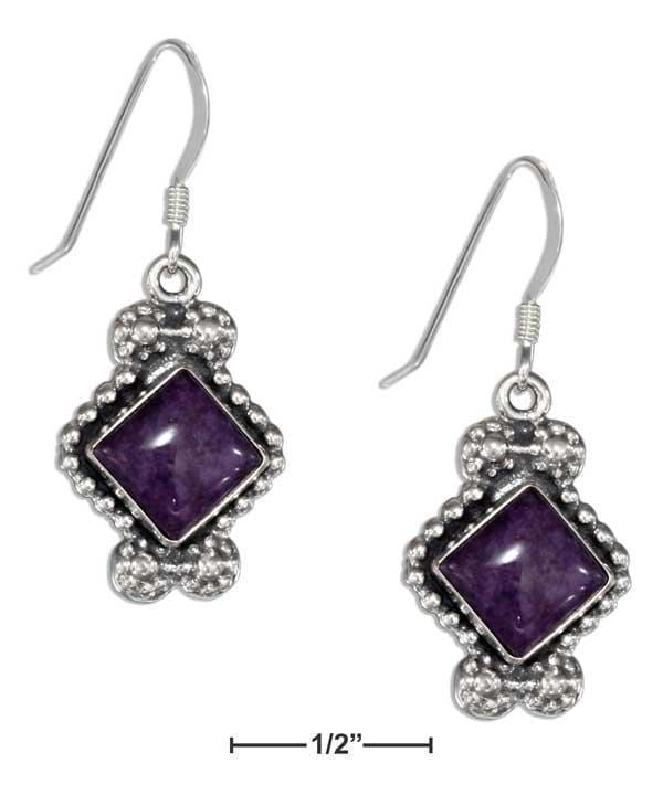 Silver Earrings Sterling Silver Earrings: Beaded Border Diamond Shape Simulated Charoite Earrings JadeMoghul