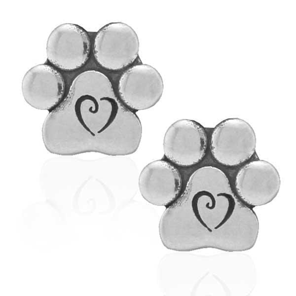 Silver Earrings Sterling Silver Earrings:  Dog Paw Print Post Earrings With Scrolled Heart JadeMoghul Inc.