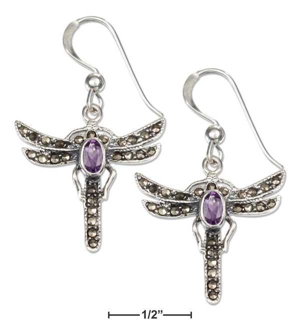 Silver Earrings Sterling Silver Earrings: Marcasite And Amethyst Dragonfly French Wire Earrings JadeMoghul