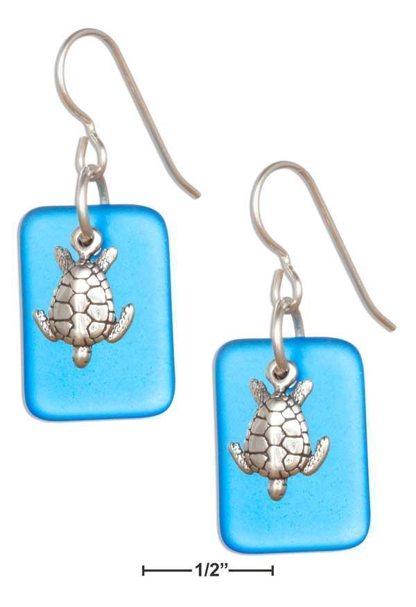 Silver Earrings Sterling Silver Earrings:  Ocean Blue Sea Glass Sea Turtle Dangle Earrings JadeMoghul Inc.