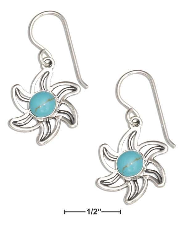 Silver Earrings Sterling Silver Earrings:  Outline Sun Earrings With Simulated Turquoise Stone Center JadeMoghul Inc.