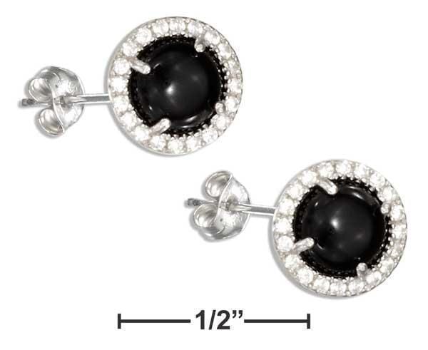 Silver Earrings Sterling Silver Earrings:  Round Simulated Onyx Earrings With Micro Pave Cubic Zirconia Halo JadeMoghul Inc.
