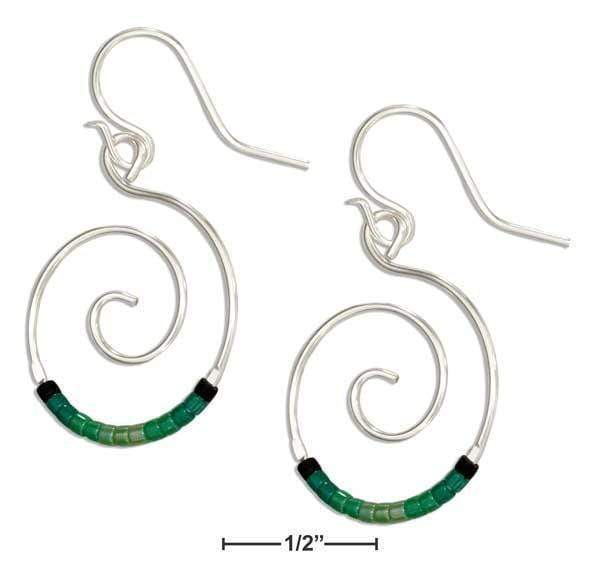 Silver Earrings Sterling Silver Earrings:  Round Spiral Dangle Earrings With Green Glass Seed Beads JadeMoghul Inc.