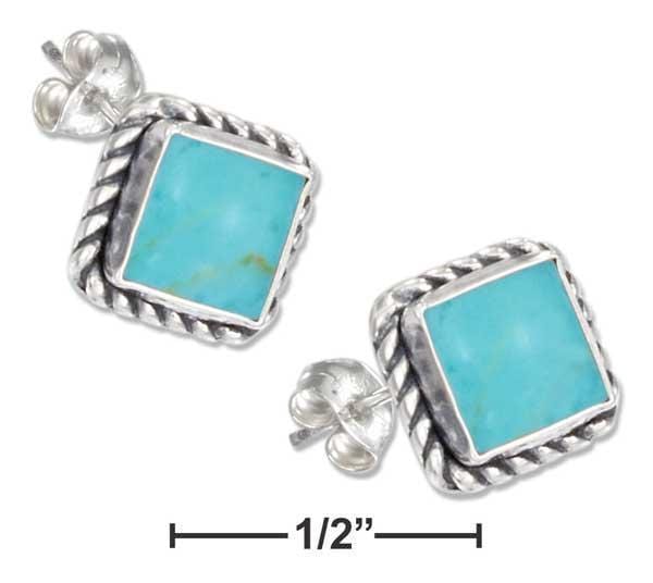 Silver Earrings Sterling Silver Earrings:  Square Roped Edge Simulated Turquoise Post Earrings JadeMoghul