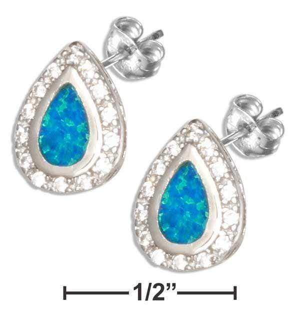 Silver Earrings Sterling Silver Earrings:  Synthetic Blue Opal Teardrop Earrings With Cubic Zirconia Halo JadeMoghul Inc.