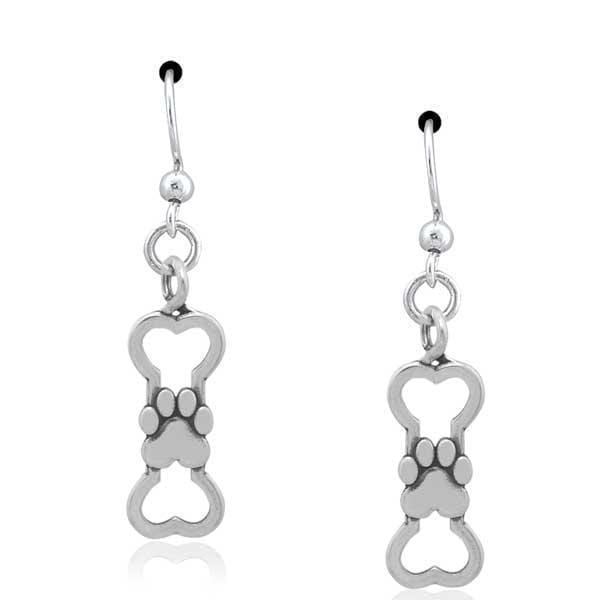 Silver Earrings Sterling Silver Earrings:  The Bone And The Beautiful Dog Bone Dangle Earrings With Paw Print JadeMoghul Inc.