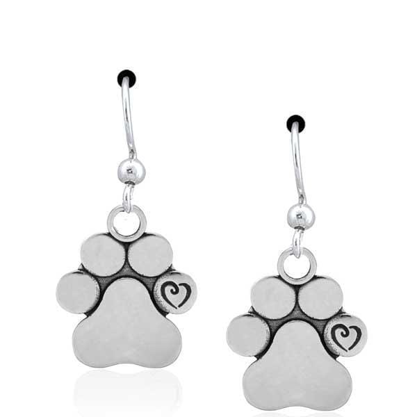 Silver Earrings Sterling Silver Earrings:  Unconditional Love Dog Paw Print Scrolled Heart Dangle Earrings JadeMoghul Inc.