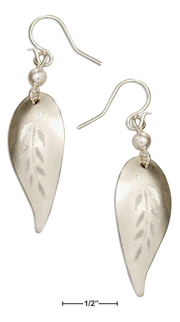 Silver Earrings Sterling Silver Etched Leaf Dangle Earrings With Faux Pearl On Shepherd Hook Wires JadeMoghul