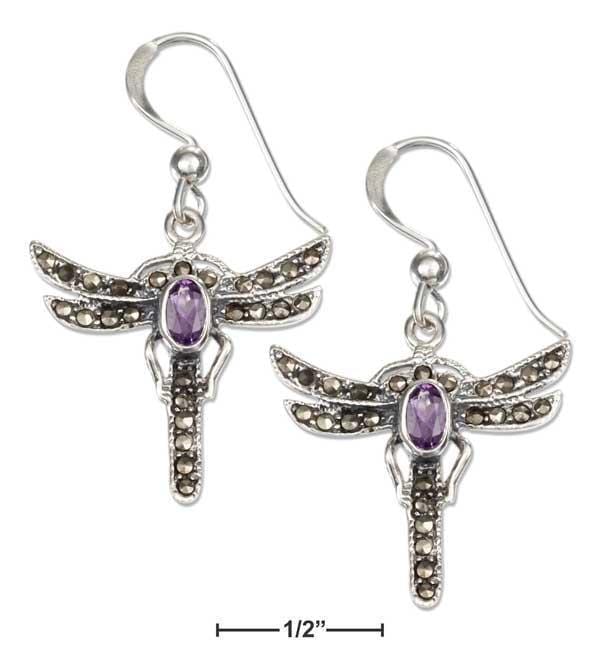 Silver Earrings Sterling Silver Marcasite And Amethyst Dragonfly French Wire Earrings JadeMoghul Inc.