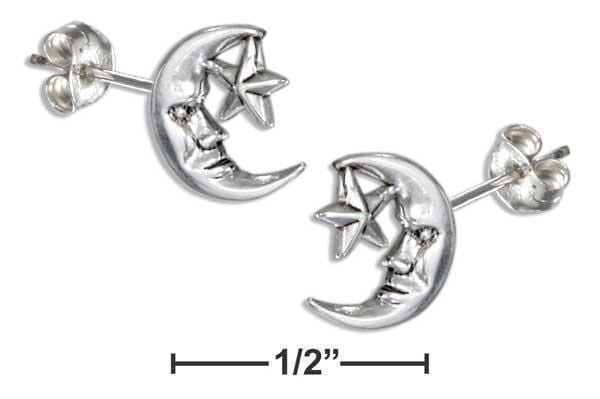 Silver Earrings STERLING SILVER MOON FACE AND STAR EARRINGS ON STAINLESS STEEL POSTS AND NUTS JadeMoghul