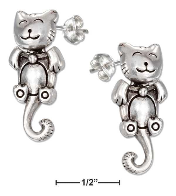 Silver Earrings Sterling Silver Moveable Happy Kitty Cat Earrings With Curly Tail JadeMoghul Inc.