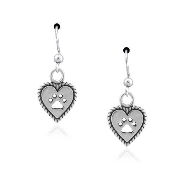 Silver Earrings Sterling Silver Roped Into Your Love Dog Paw Print Heart Dangle Earrings JadeMoghul Inc.