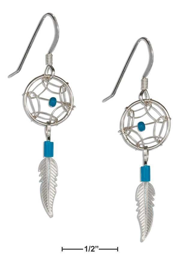 Silver Earrings Sterling Silver Small Simulated Turquoise Dreamcatcher Earrings With Feather JadeMoghul Inc.