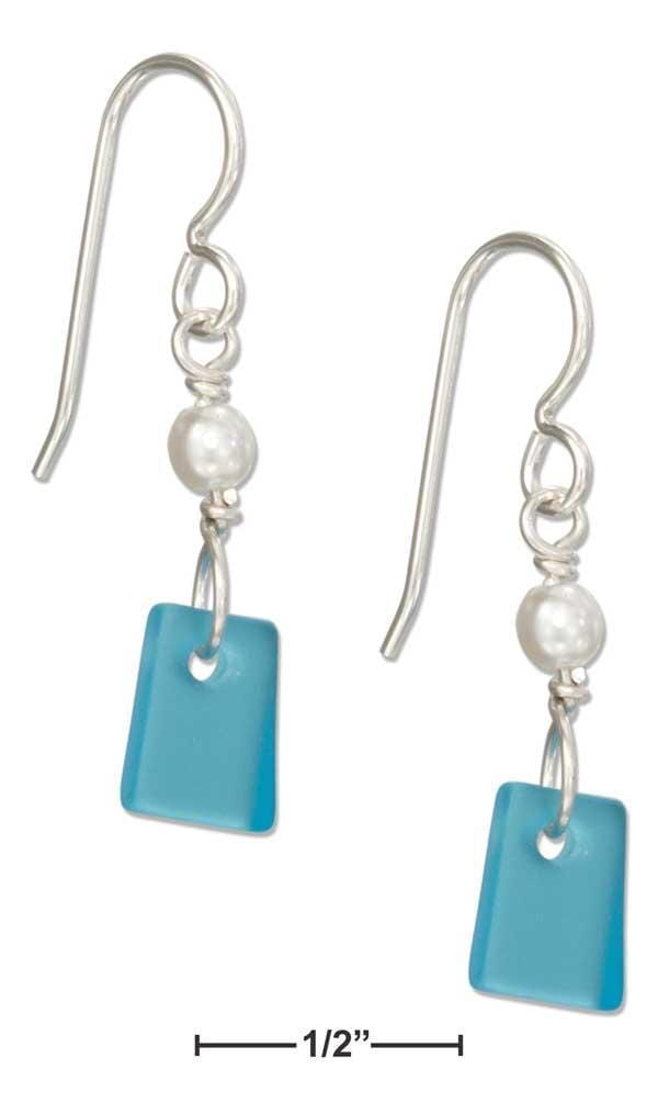 Silver Earrings Sterling Silver Turquoise Bright Aqua Blue Rectangle Sea Glass Earrings Faux Pearl JadeMoghul