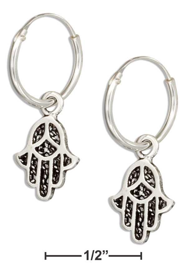 Silver Earrings Sterling Silver Wire Hoop Earrings With Hamsa Hand Of God JadeMoghul Inc.