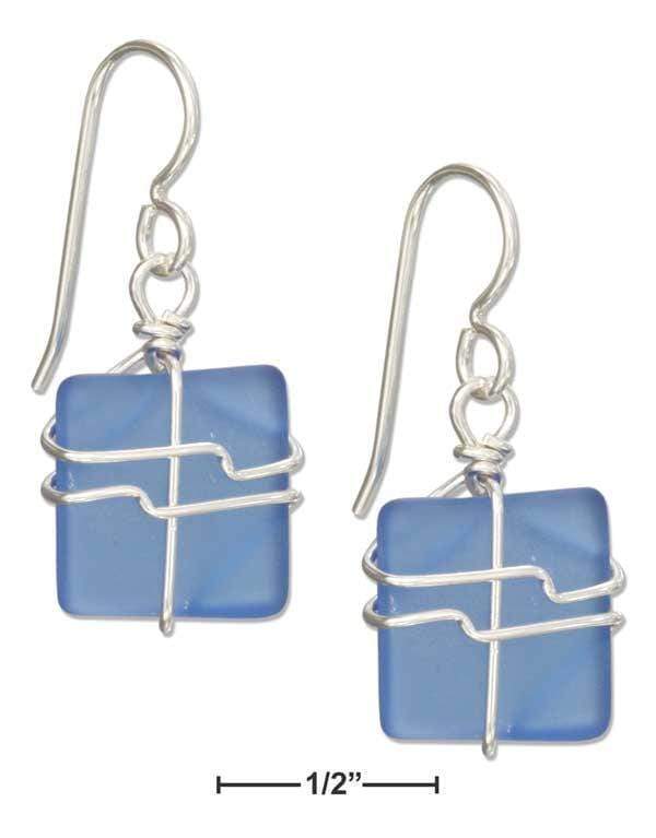 Silver Earrings Sterling Silver Wire Wrapped Cornflower Blue Square Sea Glass Earrings JadeMoghul