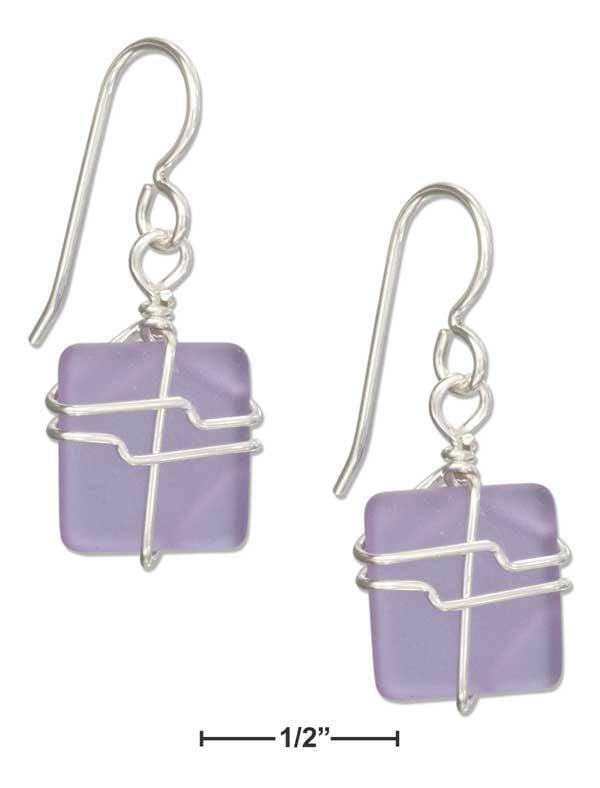 Silver Earrings Sterling Silver Wire Wrapped Lavender Blue Square Sea Glass Earrings JadeMoghul