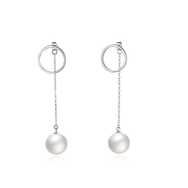 Silver Earrings Stylish Long Pearl Pendant Geometric Circle Sterling Silver Earrings TIY