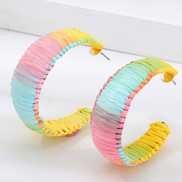 Summer Vacation Bright Color C Shape Raffia Design Hoop Earrings