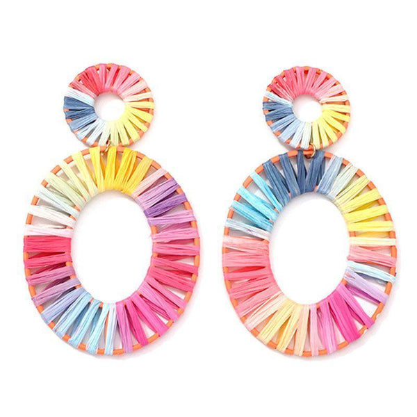 Silver Earrings Summer Vacation Bright Color Oval Shape Raffia Design Drop Earrings TIY
