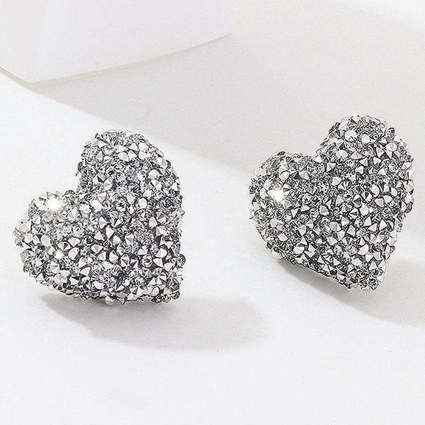 Silver Earrings Sweet Women Romantic Cute Heart Shaped Rhinestone Embellished Stud Earrings TIY