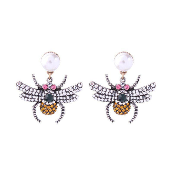 Unique Bee Design Women Imitation Pearl Rhinestone Stud Earrings