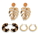 Vacation Tropical Leaf Pattern Women 3 Pairs Set Alloy Acrylic Earrings