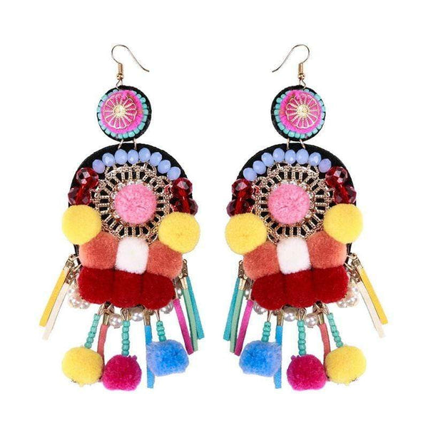 Silver Earrings Vintage Lady Ethnic Style Colored Tassel Fluffy Balls Earrings TIY