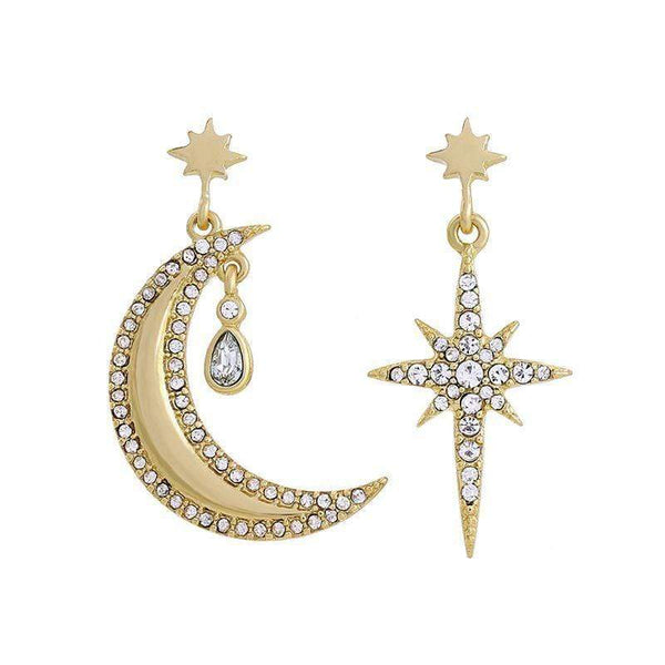 Silver Earrings Vintage Style Asymmetric Moon Star Rhinestone Drop Earrings TIY